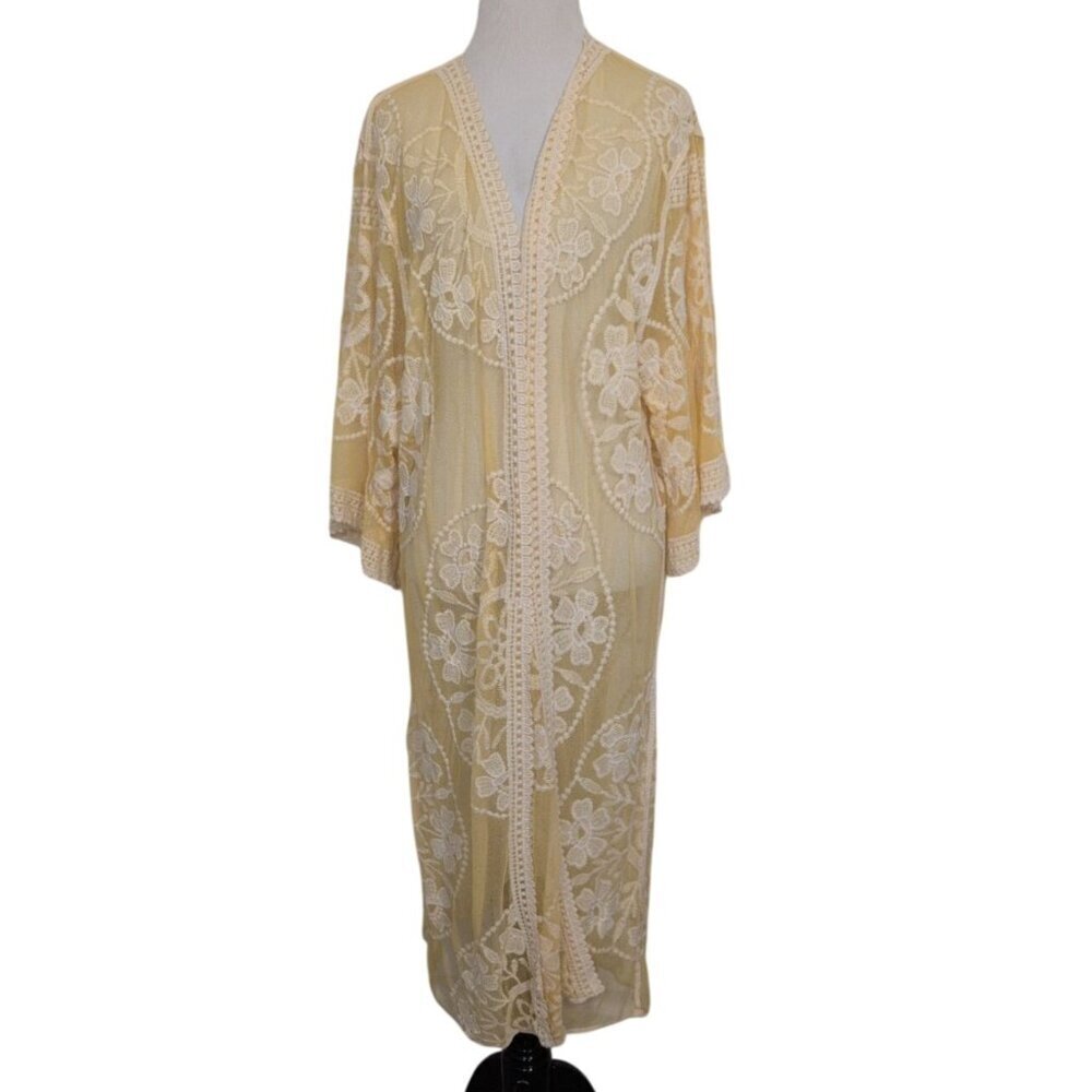 Woven Heart Embroidered Floral Duster Kimono Womens Size Medium Yellow Boho